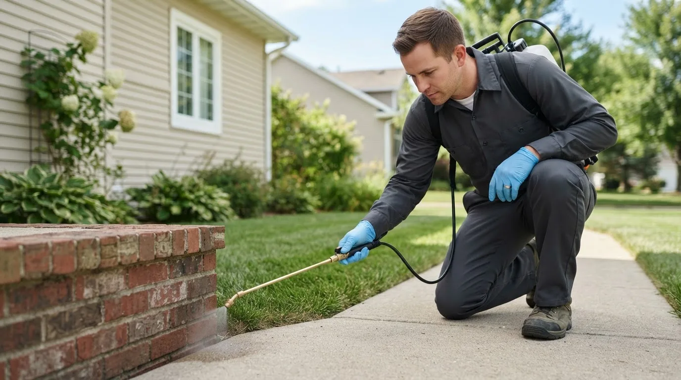Pest control technician treating a home near Pine City, NY