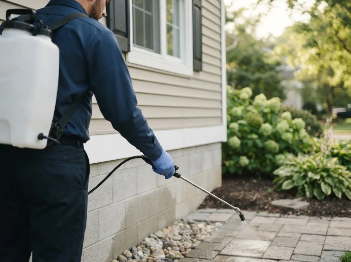 Pest control technician inspecting a home in Pine City, NY